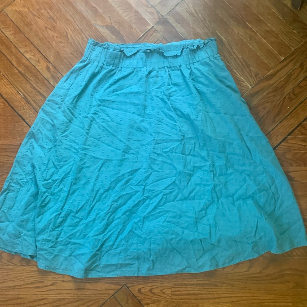 Reitmans Signature Teal Textured Polka Dot Midi Skirt 100% Cotton Elastic Waist
